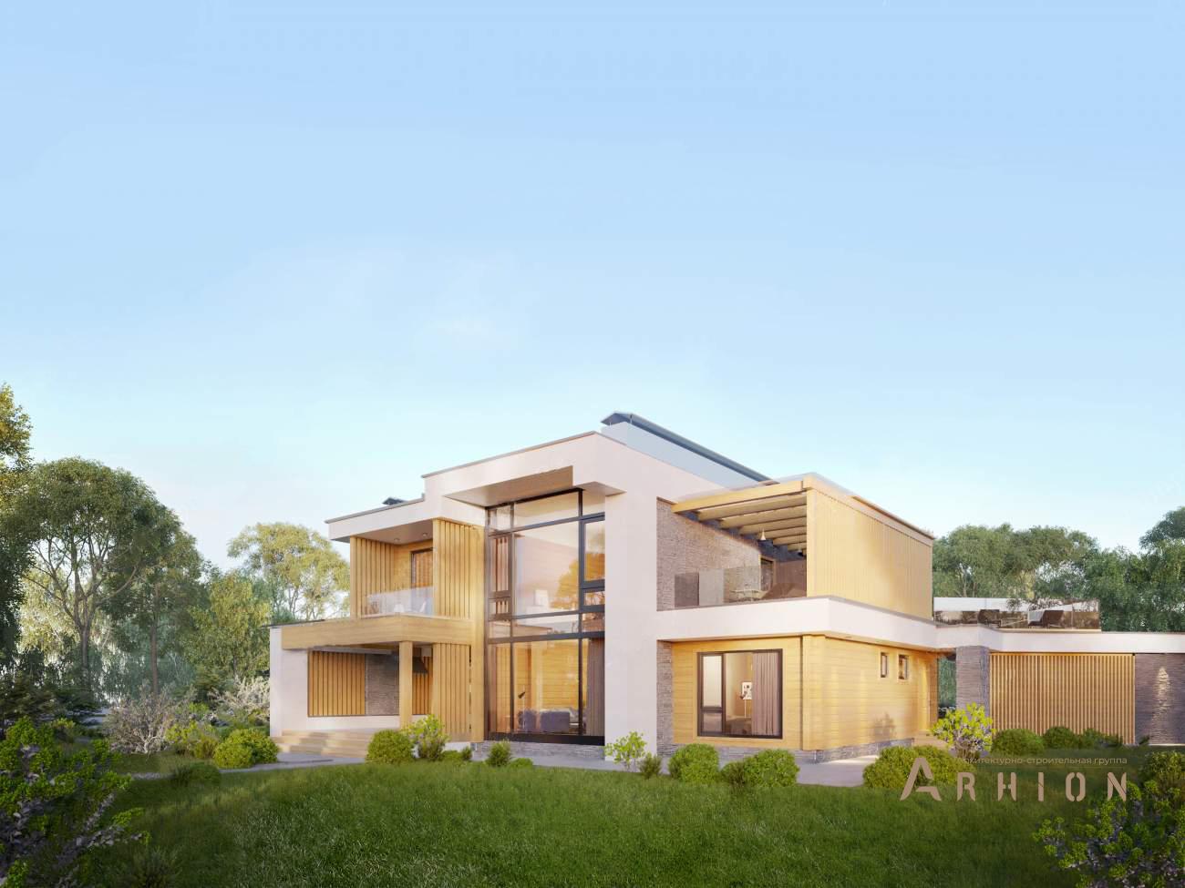 2. Проект двухэтажного дома в стиле хай-тек с плоской кровлей , rh-386, площадью - 386 кв c сауной, терассой, балконом, гаражом